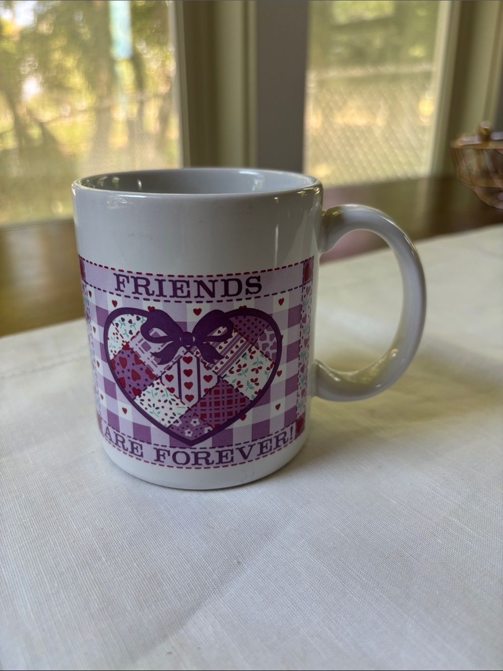 Vintage Avon White Ceramic Mug with Purple Heart Patchwork Cottagecore